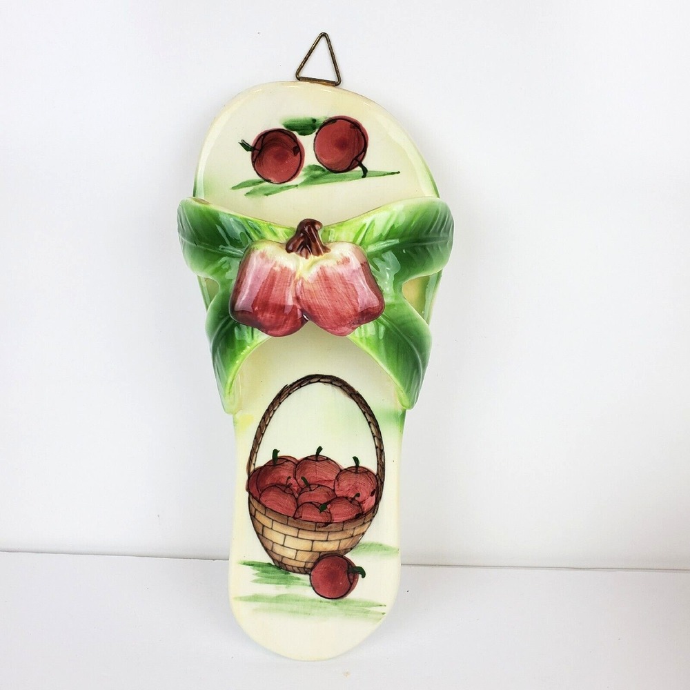 Ceramic Sandal Flip Flop Wall Hanging Decor Kitchen Garden Apples Basket 9"
